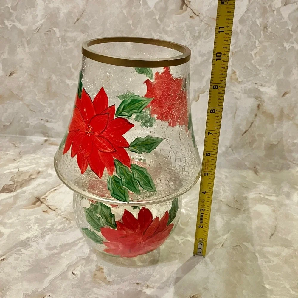 Yankee Candle Crackle Glass Poinsettia Lamp Set Votive Holder Hurricane Shade